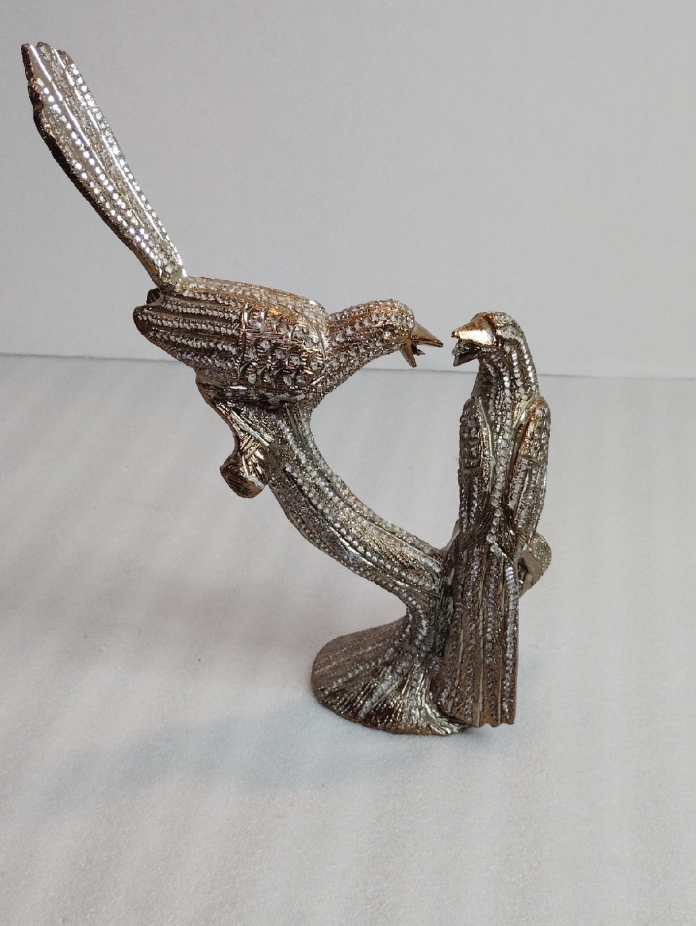 Brass Metal Bird Pair Sculpture - Silver-Tone Decorative Accent